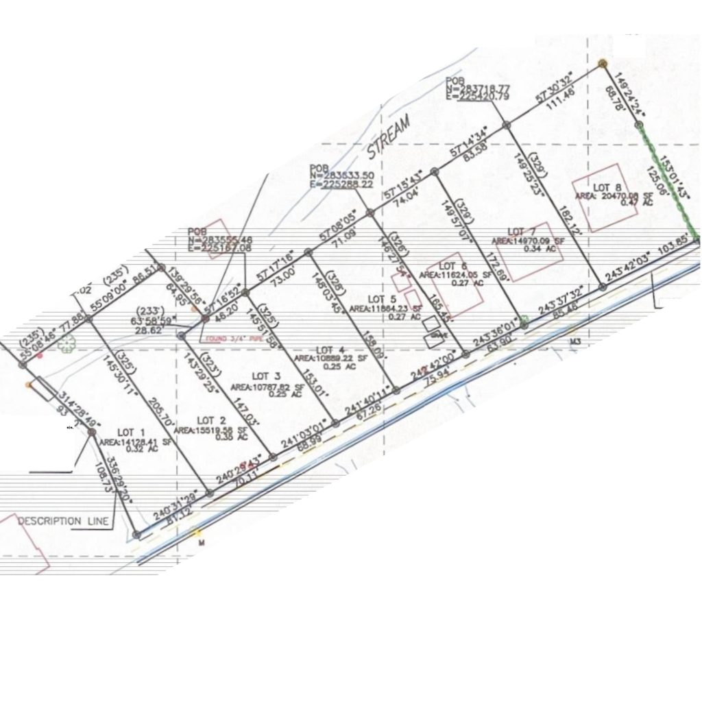 Map of the 8 subdivided lots of Freehold land for sale.